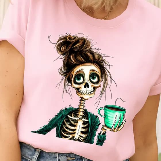 Camiseta Feminina Estampa de Caveira Mulher Verão Halloween Blusa Algodão