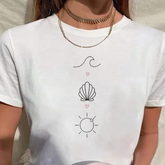 Camiseta Feminina T Shirt 100% Algodão Praia Praiana Onda Concha Sol Coração Verão