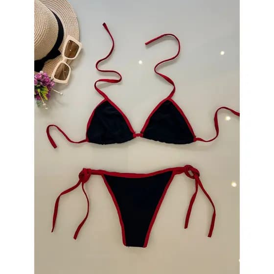 Biquini Moda Praia Cortininha Amarração Lateral Marquinha Bronzeamento