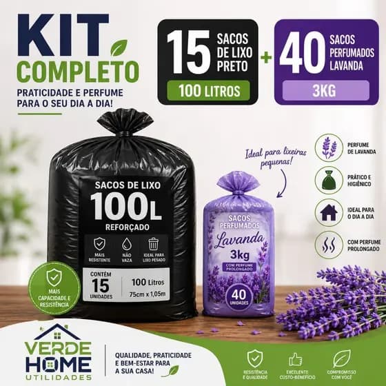 KIT Sacos de Lixo 100L - 15 Unidades + Sacos de Lixo Perfumado Lavanda 3Kg - 40 Unidades | 55 Unidades