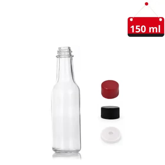 10 Un. Garrafa de vidro 150 ml com tampa plástica e batoque externo , ideal para pimentas em conserva e molhos diversos