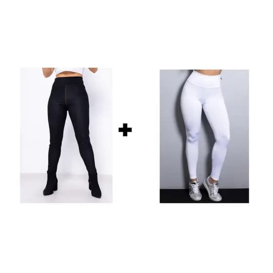 Kit 2 Calças 1 Legging Cotton de Algodão + 1 Jeans Fake com Bolso