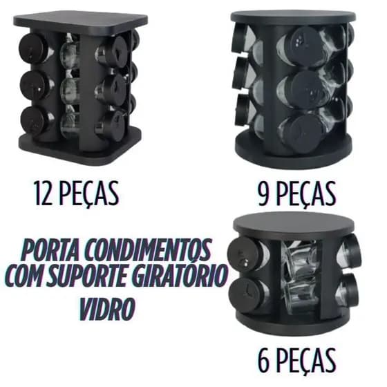 Porta Condimentos Preto Com Suporte Giratório Tempero 9 Ou 12 Ou 6 Potes De Vidro Com Dosador 90G