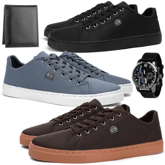Kit 3 Pares Tênis Masculino Casual Sapatênis Confortavel + Relogio Masculino e Carteira Promoção