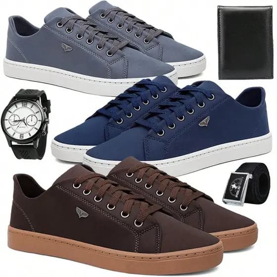 Kit 3 Tênis Masculino Casual Dia a Dia + Relógio + Carteira + Cinto de Gorgorão LANÇAMENTO, Tênis coloridos masculinos