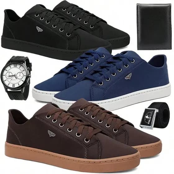 Kit 3 Tênis Masculino Casual Dia a Dia + Relógio + Carteira + Cinto de Gorgorão, Tênis de academia coloridos masculinos
