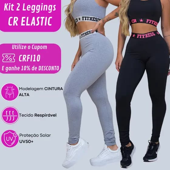 Kit 2 Legging Academia Elastico Exposto Cintura Alta
