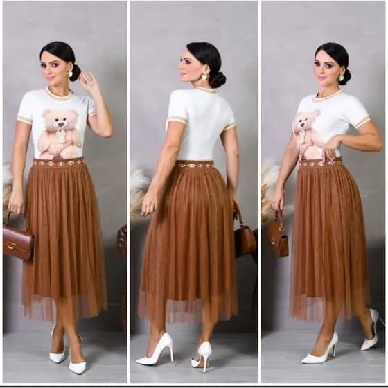 Saia Tule Brilhante Forrada Feminina Moda Evangélica Elegante para Congresso, Cultos e Festividades