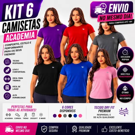 Kit 6 Camiseta Academia Feminina Dry Fit Treino Blusa Caminhada Treino Musculação