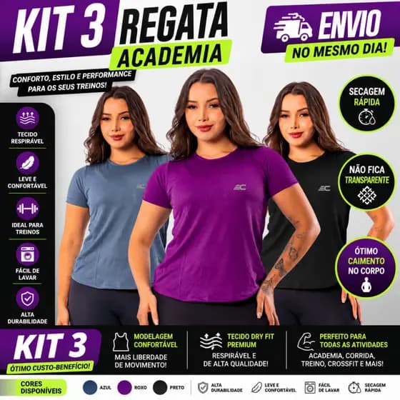 Kit 3 Camiseta Academia Feminina Dry Fit Treino Blusa Caminhada Treino Musculação
