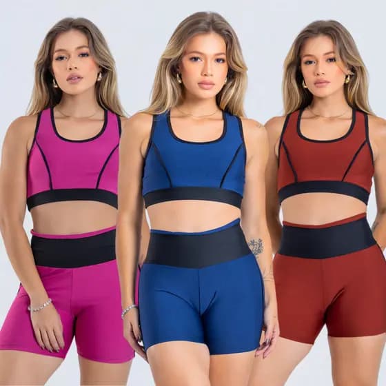 Conjunto Academia Feminino Short e Top Fitness Cintura Alta Suplex Premium