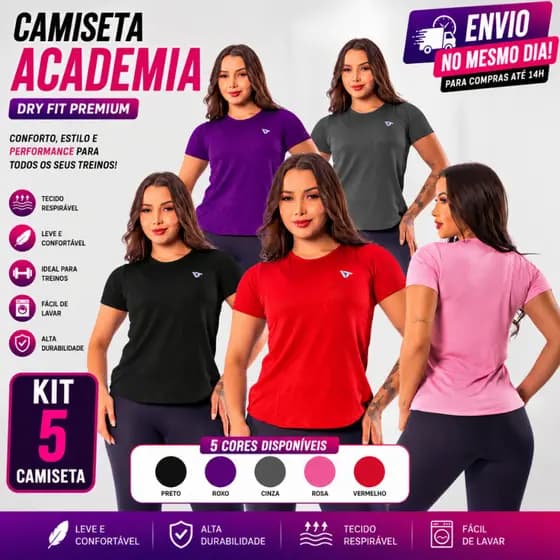 Kit 5 Camiseta Academia Feminina Dry Fit Treino Blusa Caminhada Treino Musculação