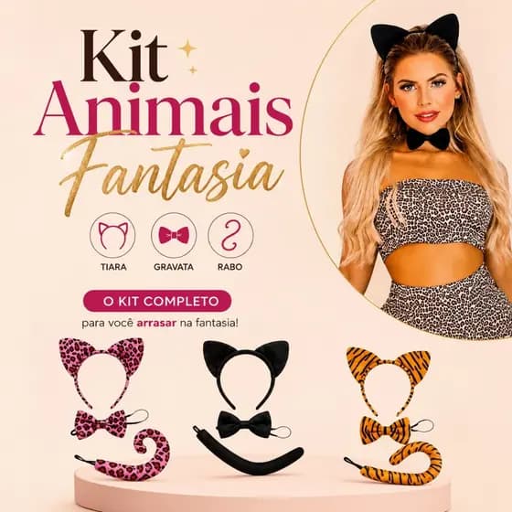 Kit Tiara Animal Gato Oncinha Com Gravata Rabinho Cosplay