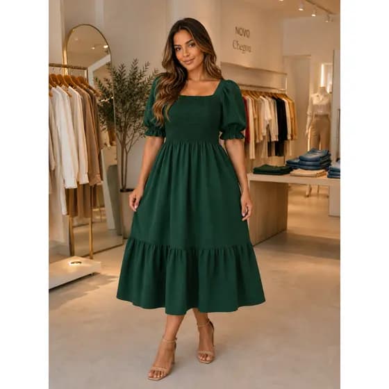 Vestido Midi Rodado Manga Princesa Evangélico Festa Casual Elegante Soltinho Elaxtec Feminino