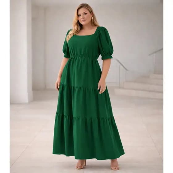 Vestido Elegante Evangélico Social Longo Fluido Plus Size Manga Bufante Feminino Tendência