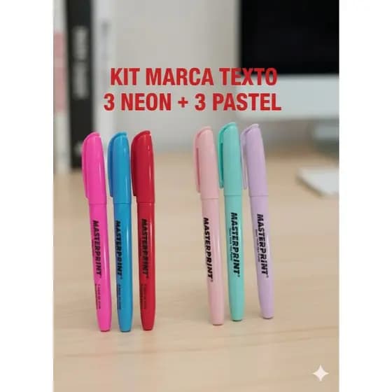 Kit 6 Marca Textos (3 Neon + 3 Pastel ) Canetas Marca texto Masterprint