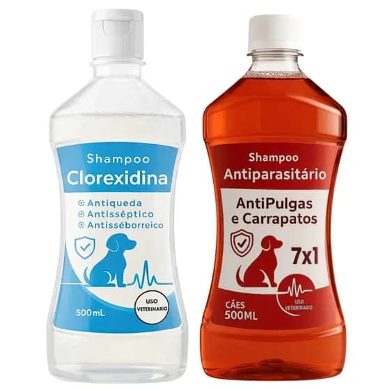 Shampoo Clorexidina e Shampoo Antiparasitário 7 em 1 Cães - 500mL cada