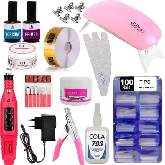 Kit de Unhas Manicure Alongamento Unha Gel + Cabine Sun + Lixa Elétrica Cantea