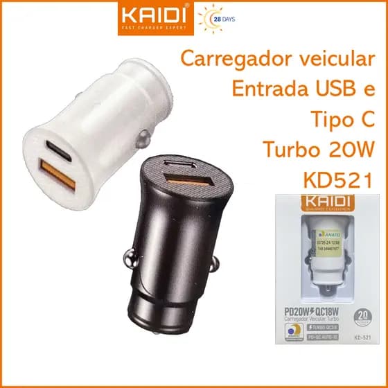 Carregador Veicular Turbo Fonte com Saída dupla 1 USB e 1 Tipo C Kaidi KD-521