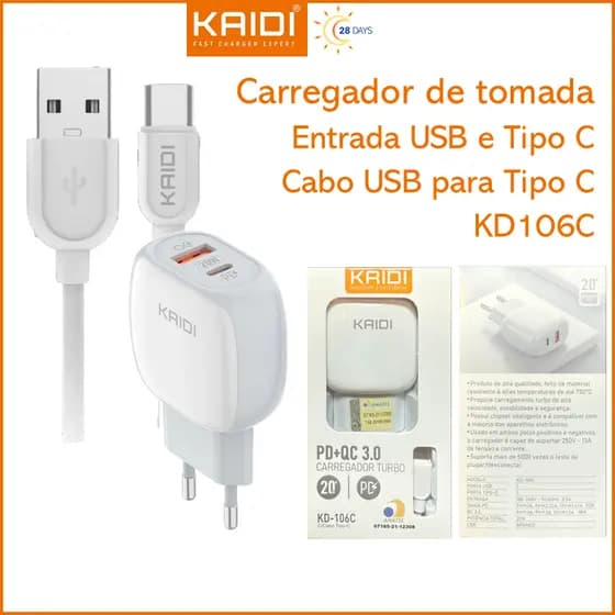 Carregador de Tomada 20W com cabo USB para Tipo C Turbo PD+QC3.0 KAIDI KD-106C