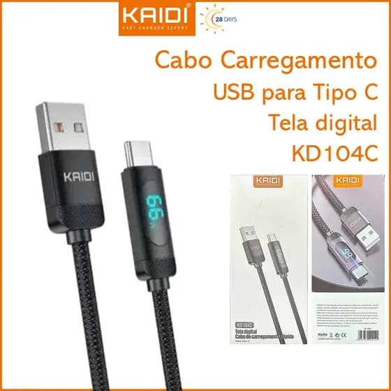 Cabo Carregamento 66W USB para Tipo C 1m Tela digital Kaidi KD-104C