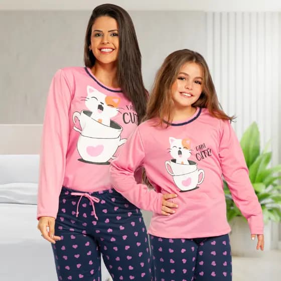 Kit Pijama Mãe e Filha Inverno Conjunto Adulto e Infantil Calça e Blusa de Frio Gato Xícara