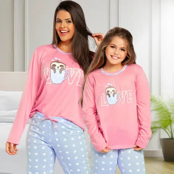 Kit Pijamas Mãe e Filha Inverno Conjunto Adulto e Infantil de Frio com Calça e Blusa Fofinhos