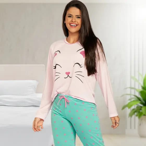 Pijama de Inverno Feminino Conjunto Longo de Frio com Balça e Blusa Master Confort Gatinha