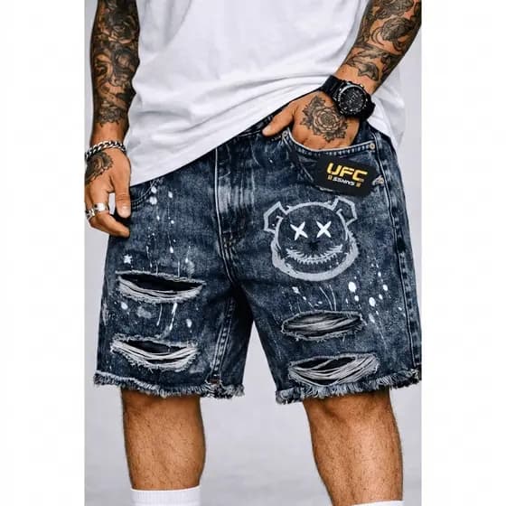 Shorts Jeans Streetwear UFC Masculino Barra Desfiada Autêntico Algodão 100% Bermuda Jogador Premium