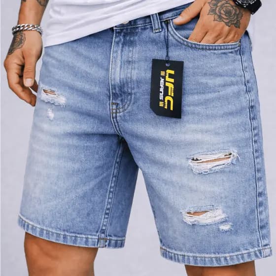 Bermuda Jeans Jogador Shorts Jeans curta Masculino 100% algodão SkyBasic Slim Fit Original Azul