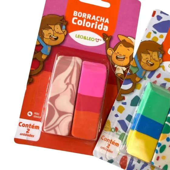 Kit 2 Borrachas Colorida Escolar Infantil Color Leo e Leo Borracha Educacional Apagador