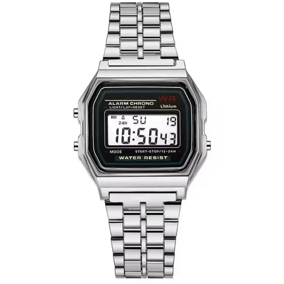 Relógio Retrô Digital Prata LED Unissex Fashion Masculino Feminino Pulseira Inoxidável Alta Qualidade