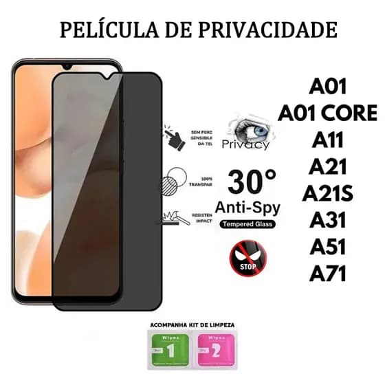 Película De Privacidade 3D Vidro Temperado Anti-Spy Para Samsung A01 A01 CORE A11 A21S A31 A51 A71