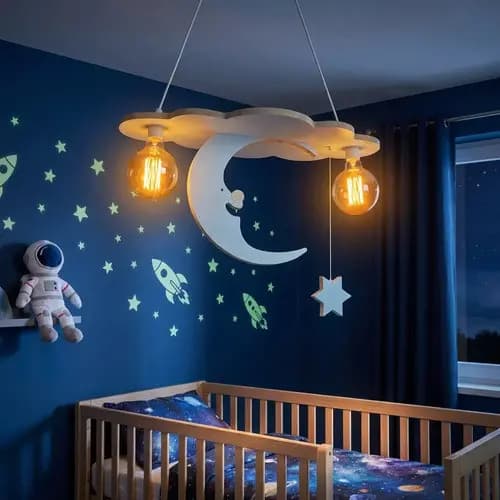 Luminária Pendente Lustre Quarto Infantil Nuvem Astronauta Lua Estrela Menino Menina Azul Bivolt