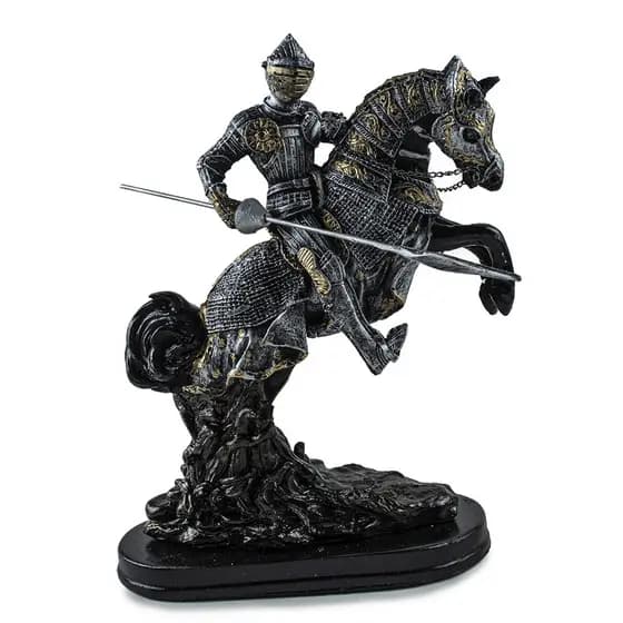 Escultura Cavaleiro Medieval Encouraçado Montado Escultura De Resina Realista Grande Mesa Prateleira Escritório 30x23cm