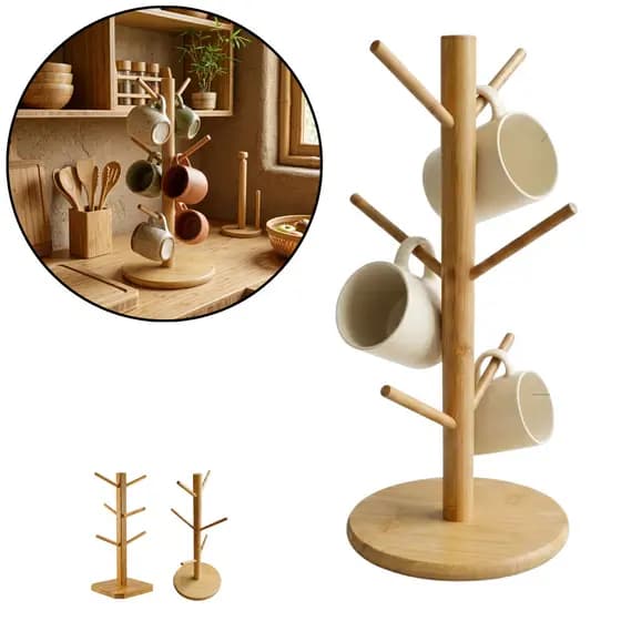 Porta Xícaras De Bambu Suporte Organizador Escorredor 6 Ganchos Para Caneca Copo Café Cozinha Decoração Resistente 34x14