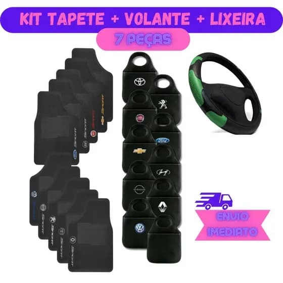 Kit Automotivo Universal Para Carro Todos os Modelos Tapete + Lixeira + Capa de Volante Verde
