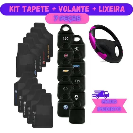 Jogo Automotivo Capa de Volante Rosa + Tapete 5 peças + Lixinho Personalizado