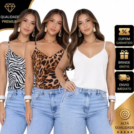 Kit 3 Blusas Femininas Regata de Alça Fina Regulável em Poliéster | Básicas, Modernas