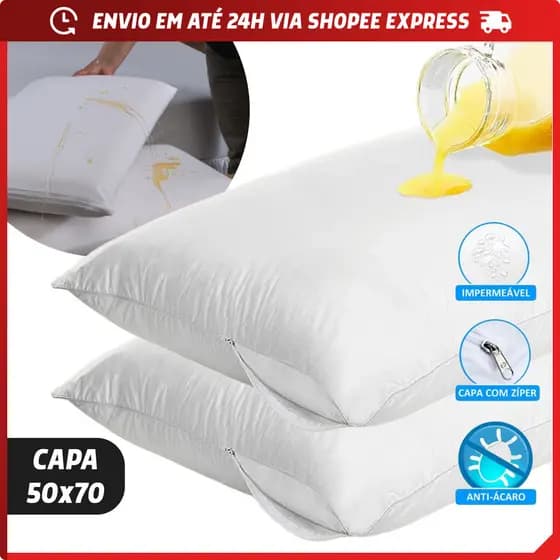 Kit 2 Capas Impermeável Protetoras para Travesseiro Fronhas Anti-Ácaro com Zíper 50x70cm Branca