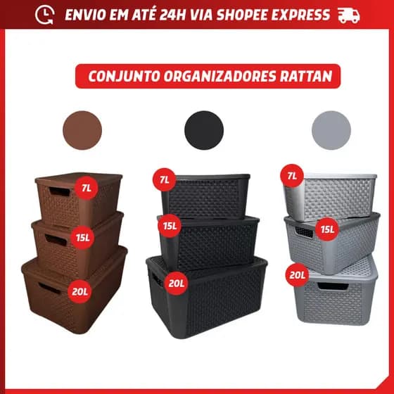 Kit 3 Caixa Organizadora Tampa 7L 15L 20L Empilhável Preto Café Cinza Casa Escritório