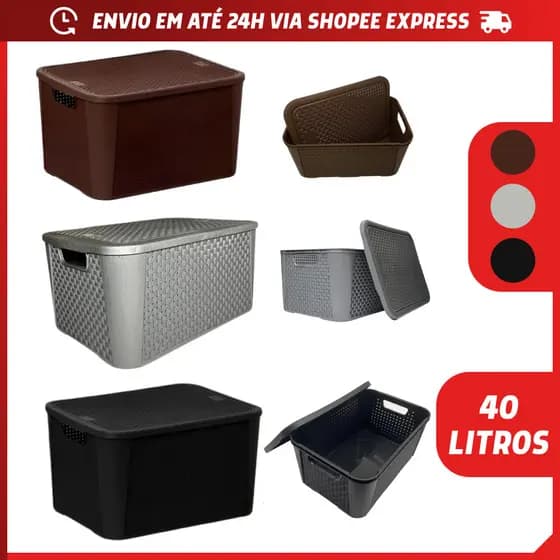 Caixa Organizadora Rattan Preta Cinza Cafe 40 Litros Tampa Organizador Multiuso Brinquedos Roupas