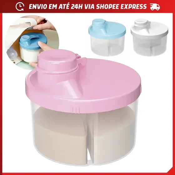 Porta Leite Em Pó 3 Divisórias De 90 ML Cada Tampa Vedante Com Bico Dosador Total 280ml BPA Free