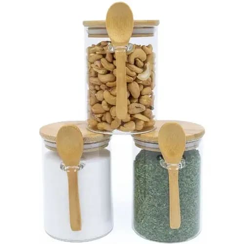 Kit 3 Potes Herméticos Vidro 400ml Com Tampa de Bambu e Colher Perfeito P/ Armazenar Temperos Café Açúcar E Mantimentos