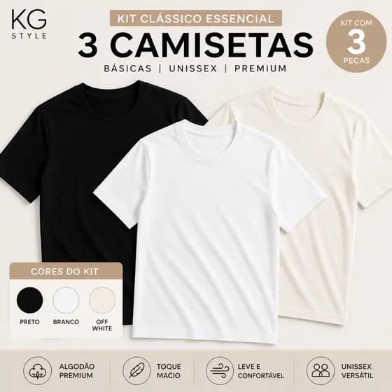 Kit 3 Camisetas Básicas Algodão Premium Unissex Preto Branco Off White Lisa Confortável Casual