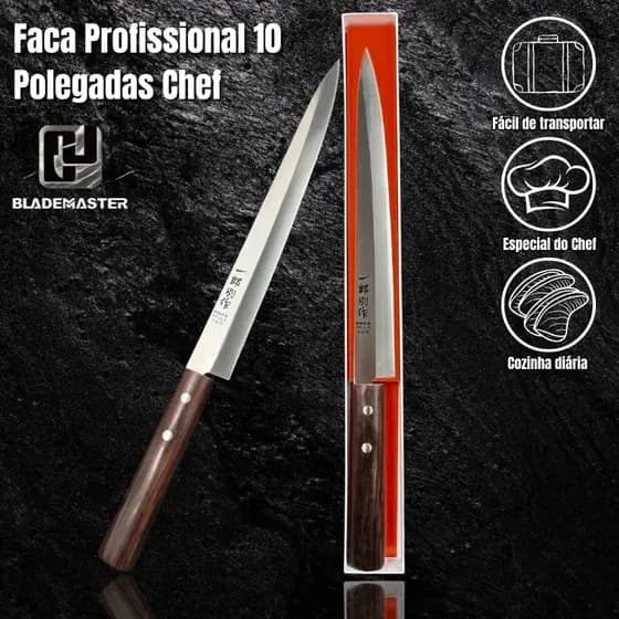 Faca Profissional do Chef 38,5cm, Cabo Feito em Sândalo Preto