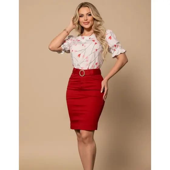 Saia Midi Sarja Brim Premium Com Elastano + Cinto Moda Evangélica Luxo