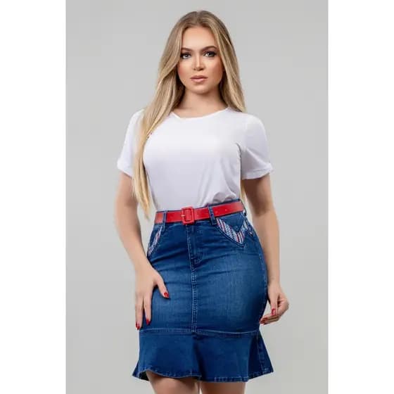 Saia Jeans Midi Sereia Com Cinto Vermelho Moda Evangélica Luxo
