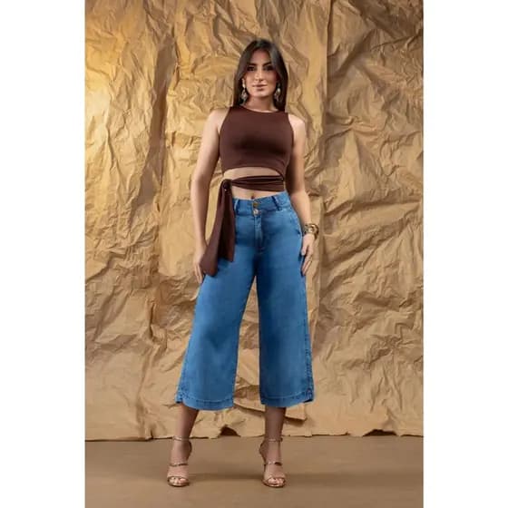 Calça Pantacourt Jeans Wide Leg Curta Tendência Verão Lançamento
