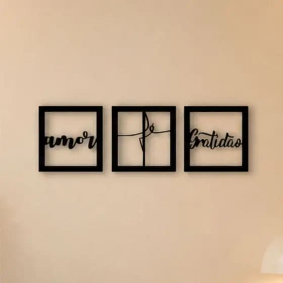 Kit Trio Decorativo Quadros Fé Amor Gratidão Vazado Pequenos Decorativo Mdf Preto